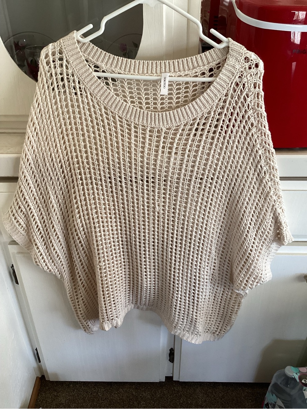 Open-Knit Scoop Neck Short Sleeve Sweater — Cream